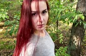 Redhead wife sucks cock in the forest and swallow. KleoModel